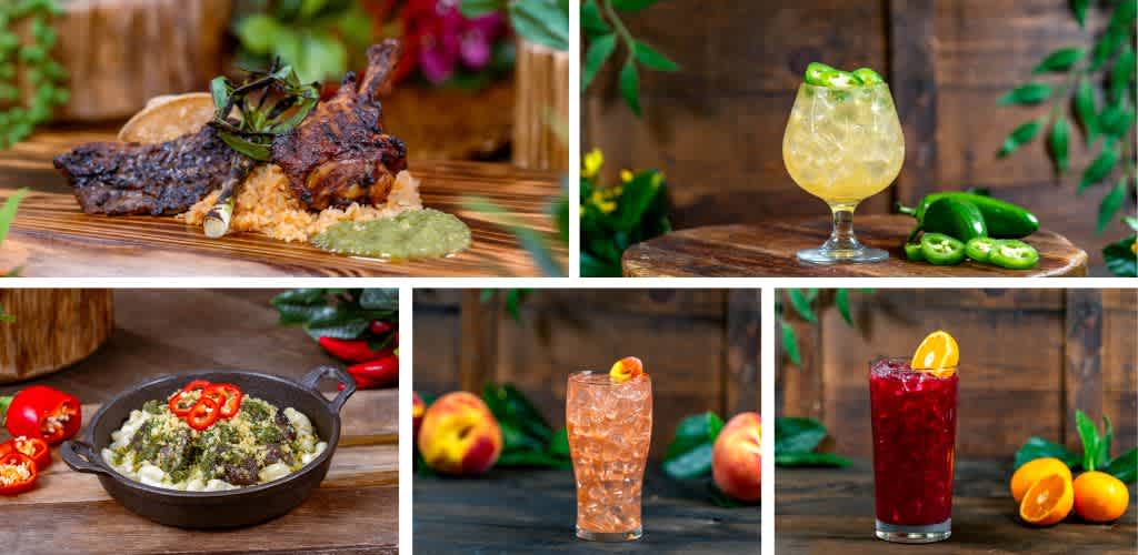 Assorted colorful fruit and vegetable drinks and a plated beef dish on wooden backgrounds featuring fresh produce and garnishes.