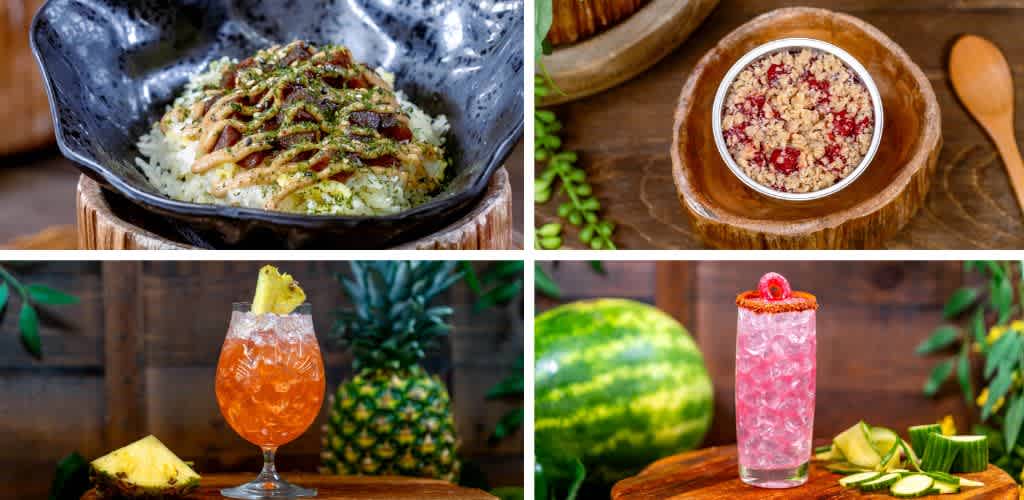 A collage of four images showing a dish with noodles and sauce, a bowl of crumble topping, a tropical cocktail garnished with pineapple, and a pink mocktail with watermelon and lime.