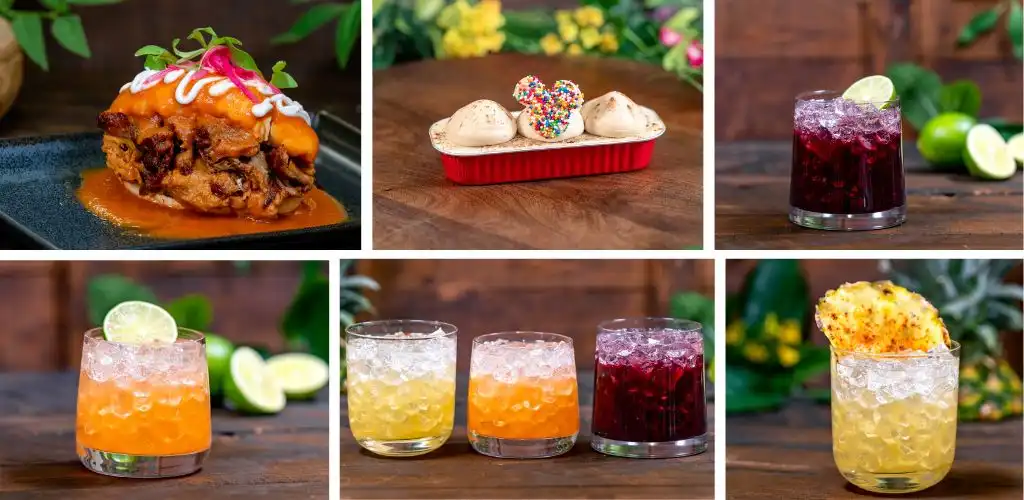 Assorted food and drinks including a savory meat dish, scoops of ice cream with sprinkles, and colorful beverages with lime and lemon garnishes on a wooden surface.