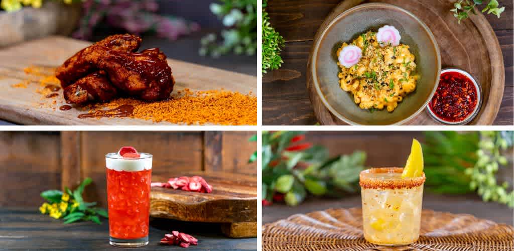 Four images of food and drinks include barbecue chicken wings, a bowl of rice or pasta, a tall red fruit drink, and a yellow margarita with a lemon wedge.