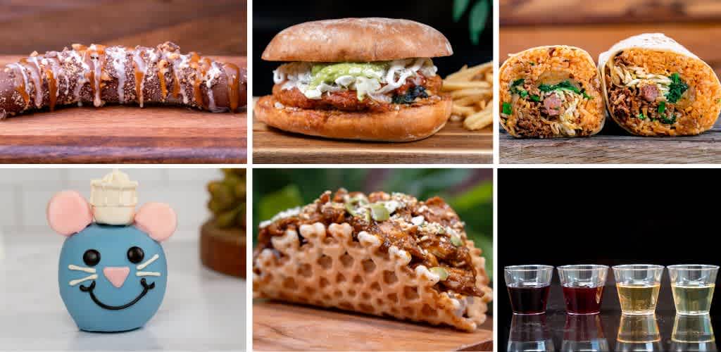 A collage of six images showing a cinnamon roll, burger with fries, stuffed burrito cut in half, a cute mouse-shaped container, a slice of pie, and four shot glasses with different drinks.