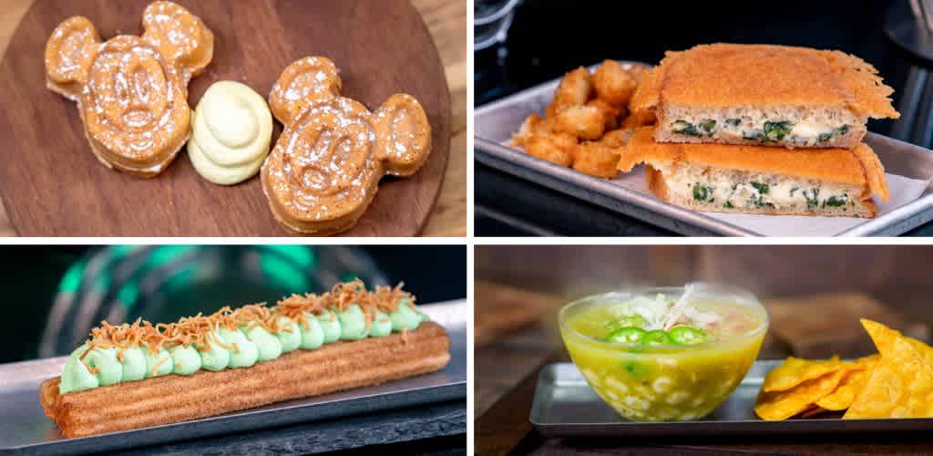 Image of four different foods: Mickey Mouse-shaped waffles with a dollop of whipped cream, a sandwich with fried chicken and greens, a green dessert with whipped topping and shredded coconut, and a bowl of soup with chips.