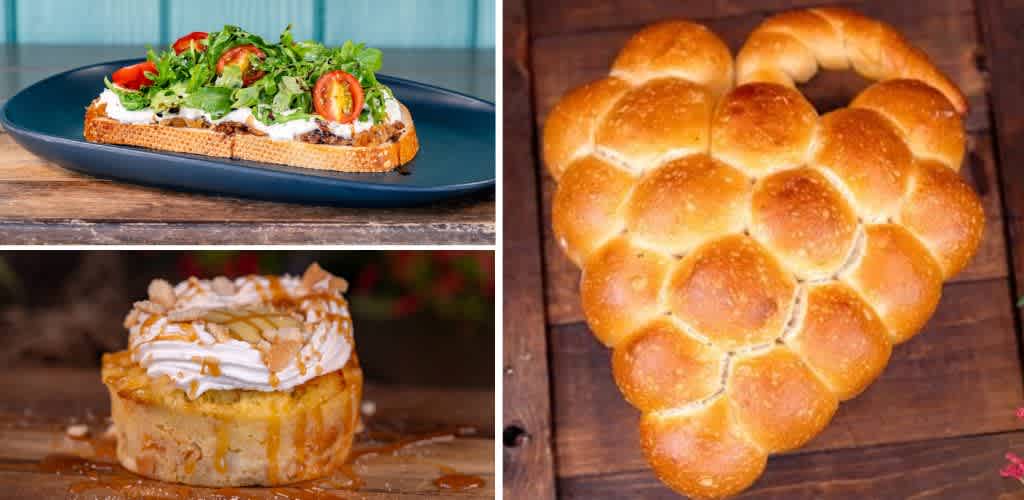 A collage of three food images featuring a salad on toast, a caramel apple dessert, and a heart-shaped bread made of small buns.