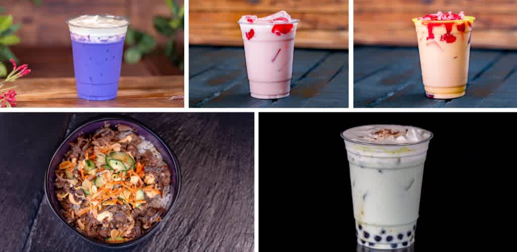 Five drinks including a blue, two pink, a yellow and pink, and a white bubble tea with black tapioca pearls, alongside a bowl of beef noodle soup with vegetables.