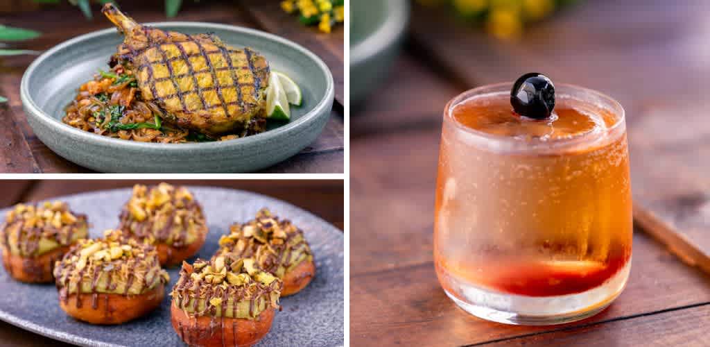 Image of three dishes: grilled meat with noodles, stuffed tostones topped with sauce, and a cocktail with an orange hue and cherry garnish on a wooden surface.