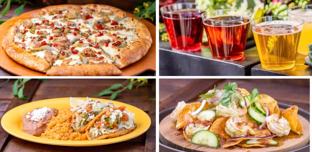 A collage of four images featuring a pizza with toppings, colorful drinks, a plate of shrimp and rice with vegetables, and a seafood dish with cucumbers and herbs.