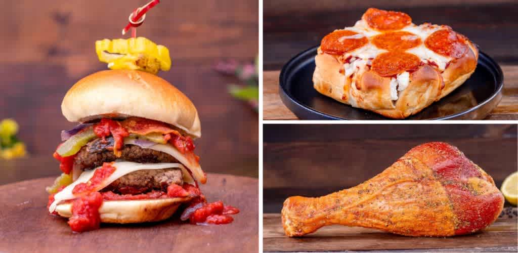 A variety of food options including a large burger with multiple patties, cheese, and toppings, a slice of pepperoni pizza, and a roasted ham leg on a wooden surface.