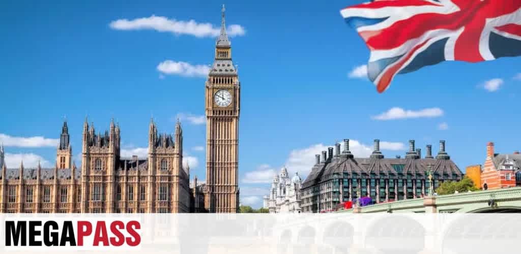 An image of Big Ben and the Houses of Parliament in London with a waving Union Jack flag in the sky