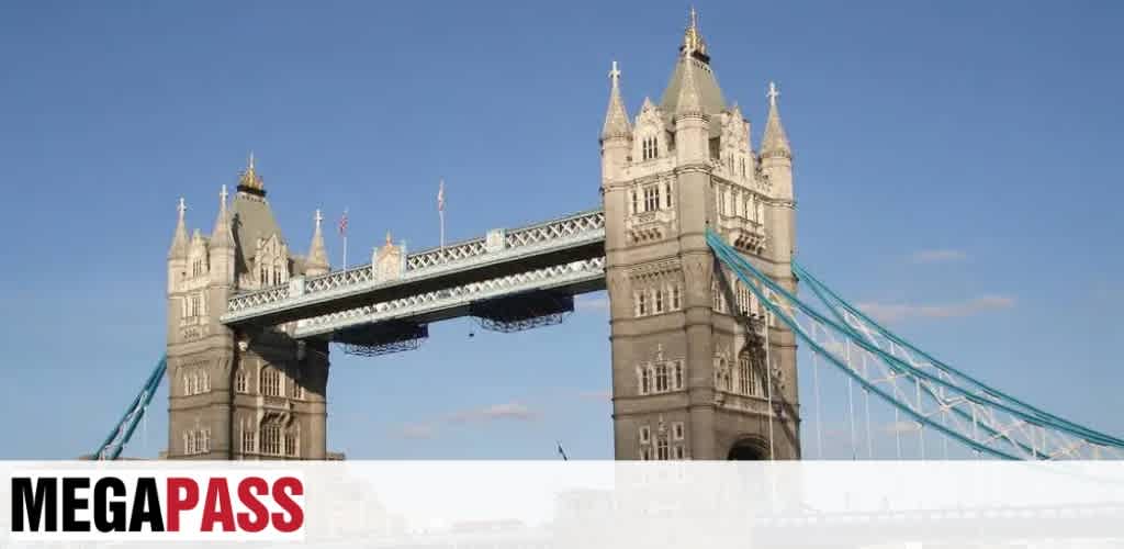 Image of the Tower Bridge in London with a blue sky background