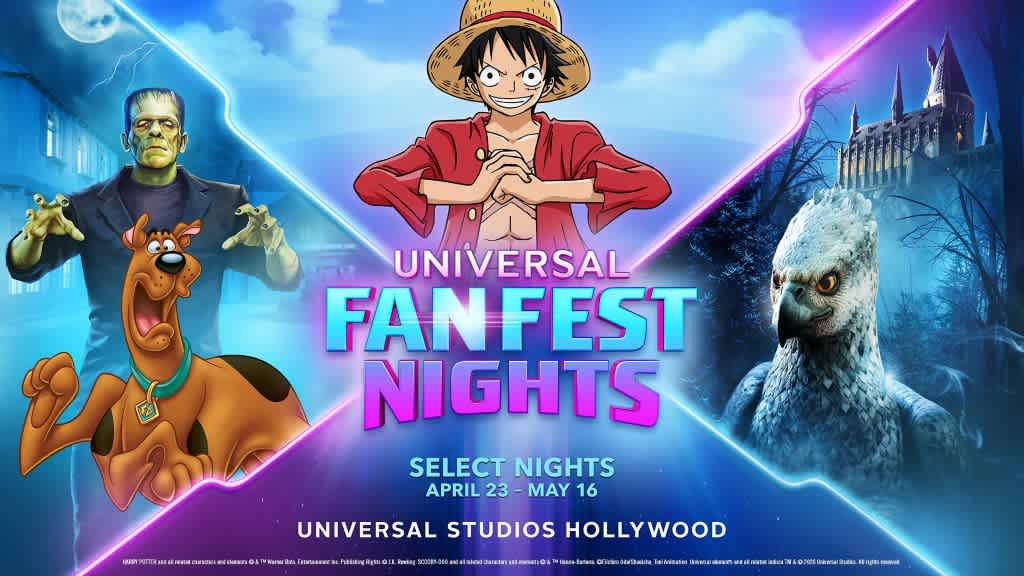 Anime characters and spooky scenes promoting Universal Fan Fest Nights happening April 23 to May 16 at Universal Studios Hollywood.