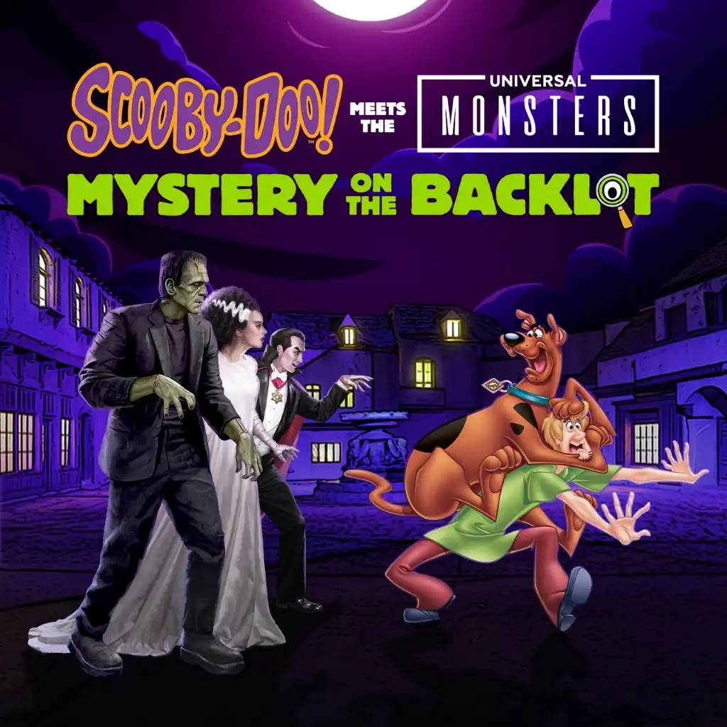 Cartoon characters from Scooby Doo and monsters on a dark haunted street at night