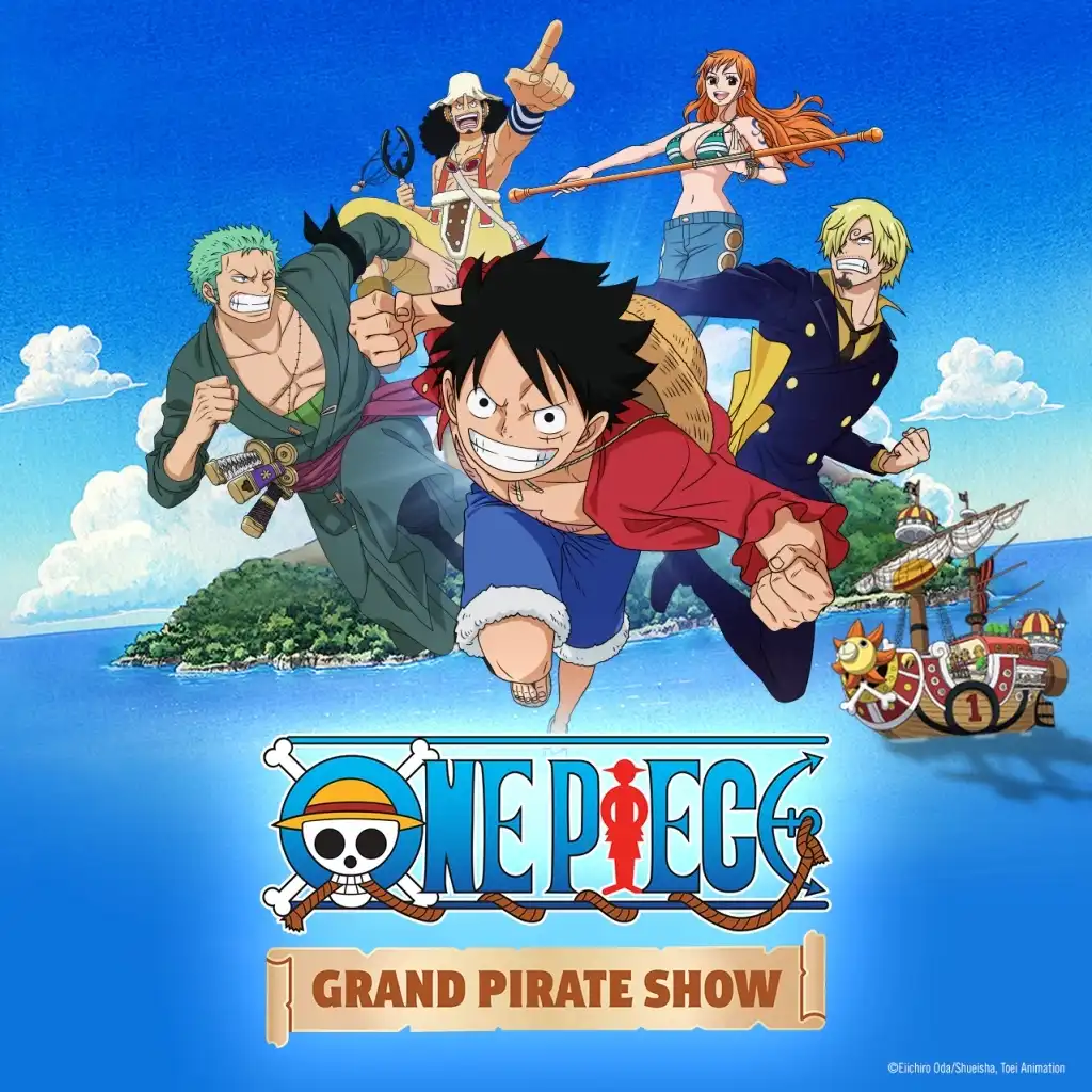 Five animated One Piece characters running on a boat outside with ocean and island scenery in the background for the grand pirate show.