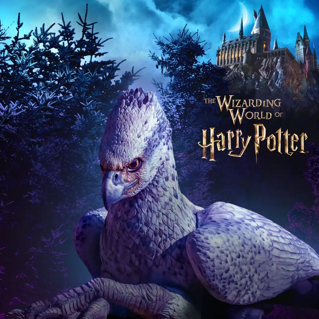 A magical snowy owl with a castle in the background and the text The Wizarding World of Harry Potter on a dark, enchanting forest scene.