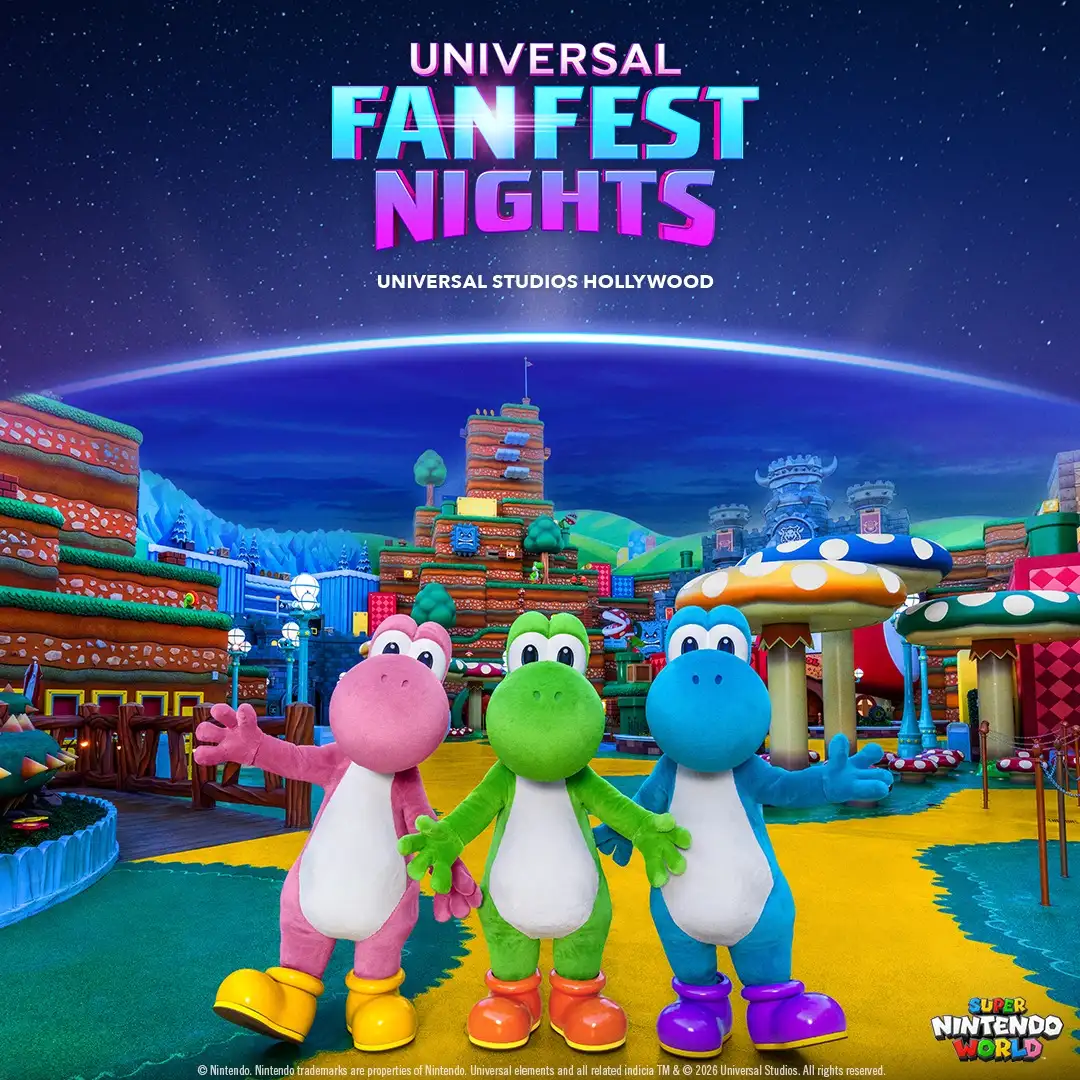 Colorful Yoshi characters standing in front of a vibrant amusement park at night with the Universal Fanfest Nights logo above.