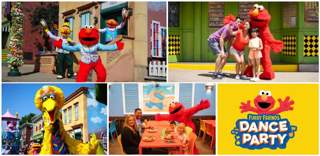 Five photos show children and families enjoying Furry Friends Elmo and Sesame Street characters at a fun event with colorful backgrounds and lively atmosphere.