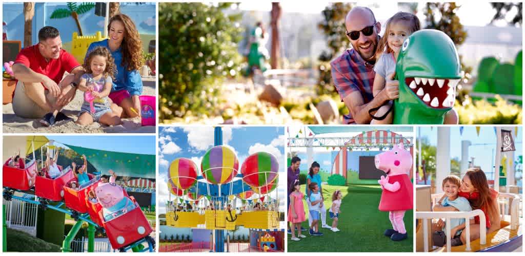Family enjoying outdoor fun with rides, a mascot, and colorful amusement park attractions at a lively fairground.