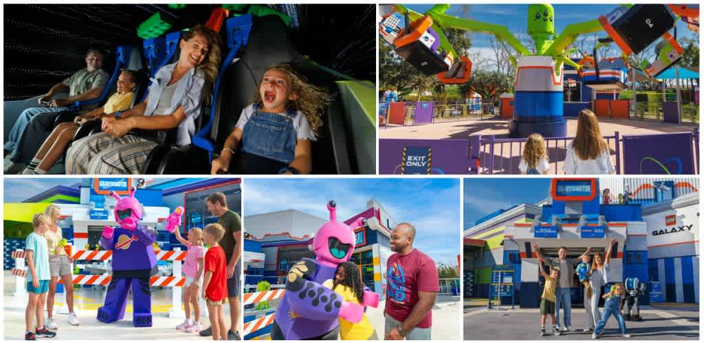 Families enjoying rides and attractions at a colorful amusement park with children and cheerful characters in vibrant surroundings
