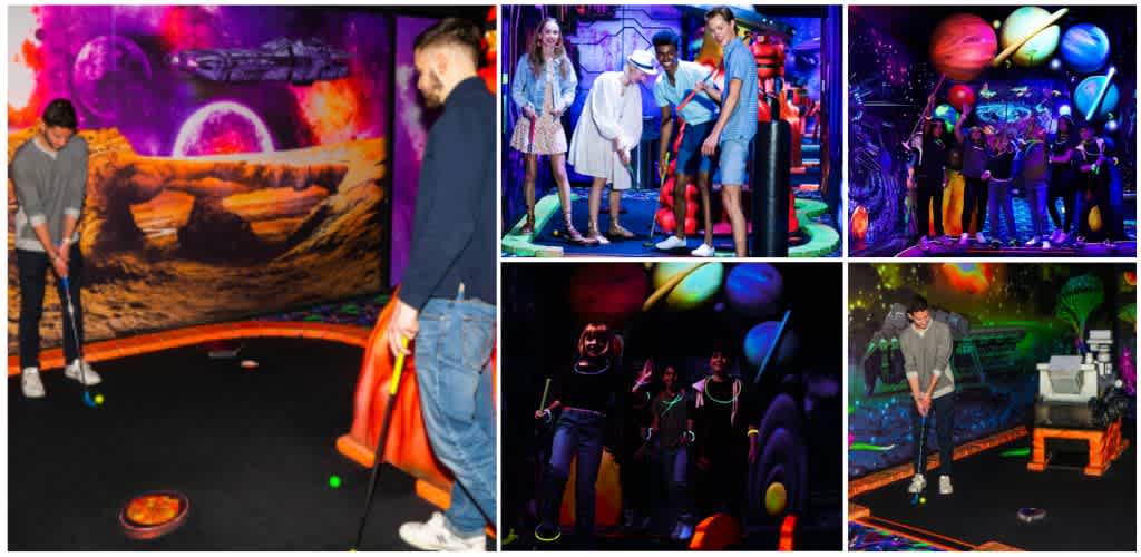 People enjoying glow-in-the-dark mini golf, arcade games, and activities in a colorful space-themed environment at funexcom.