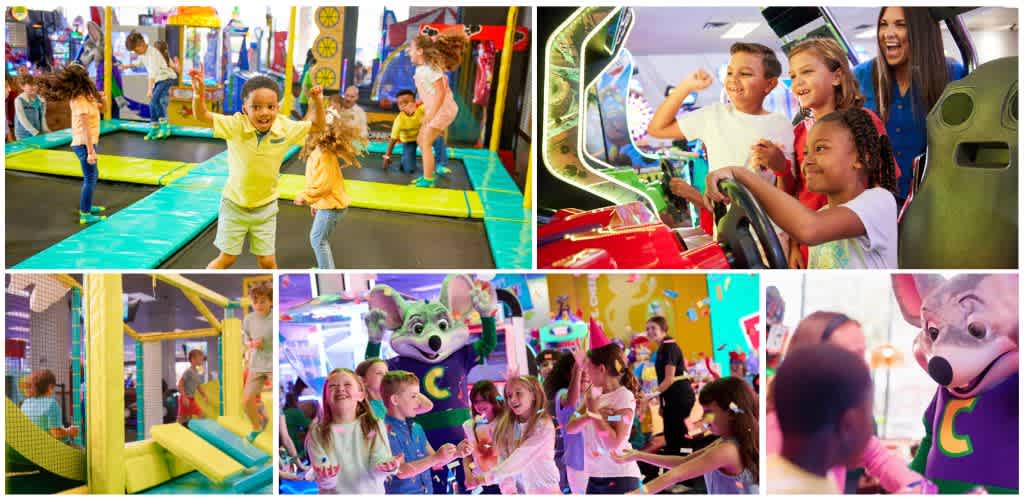 Children enjoying indoor trampoline fun, arcade games, lively entertainment, and interactive activities in a colorful play center.