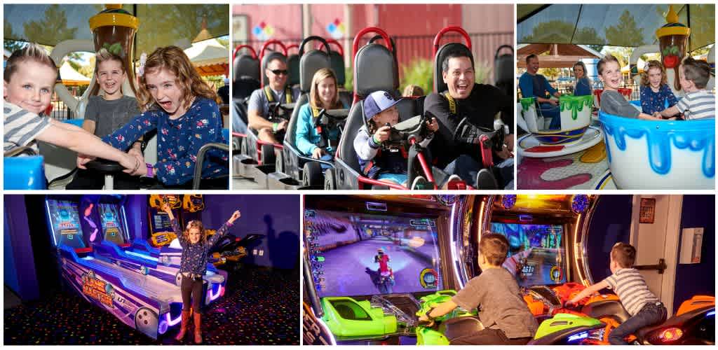 Children enjoying amusement park rides, arcade games, and virtual racing in a lively fun environment.