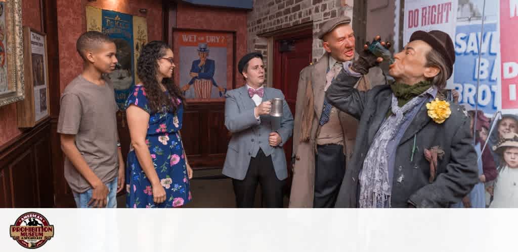 A group of five people, including two women and three men, are inside a museum engaged in a playful and animated interaction.