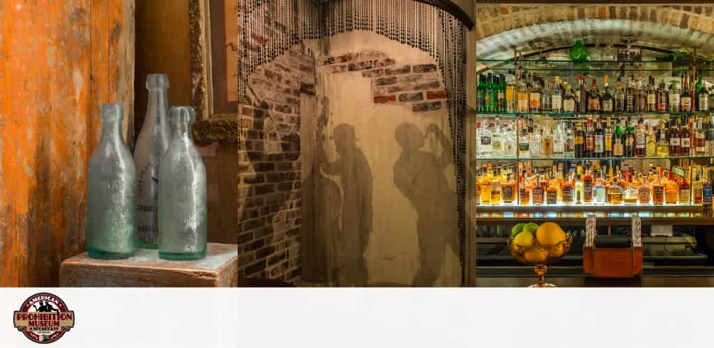 Glass bottles on a pedestal next to a brick wall and a bar with various liquor bottles and lemons underneath a curved ceiling.