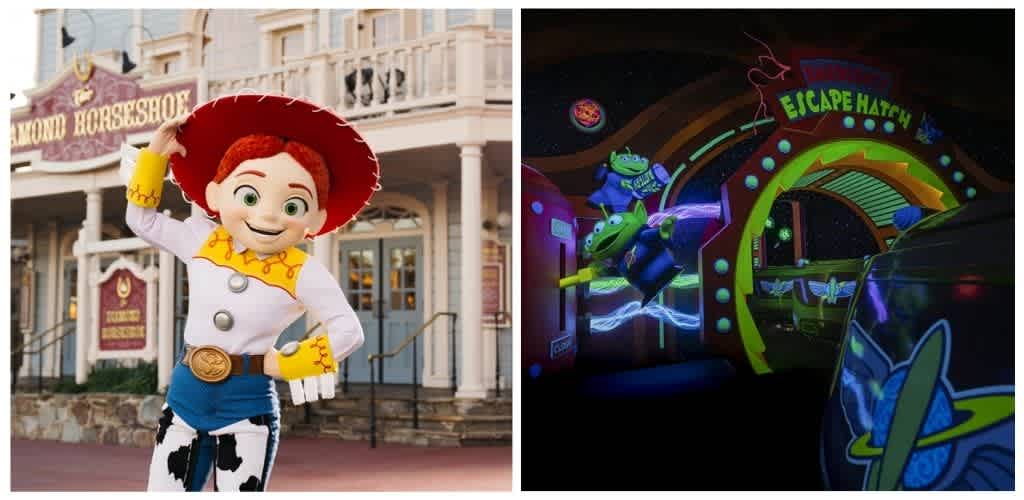 Left image shows a person in a Woody costume from Toy Story standing in front of a building with a sign that says Western Rousselle.