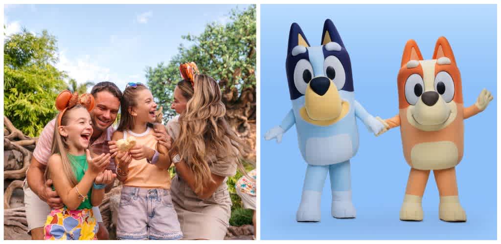 A family of four laughing together outdoors on a sunny day, with two animated dog characters holding hands against a blue background.