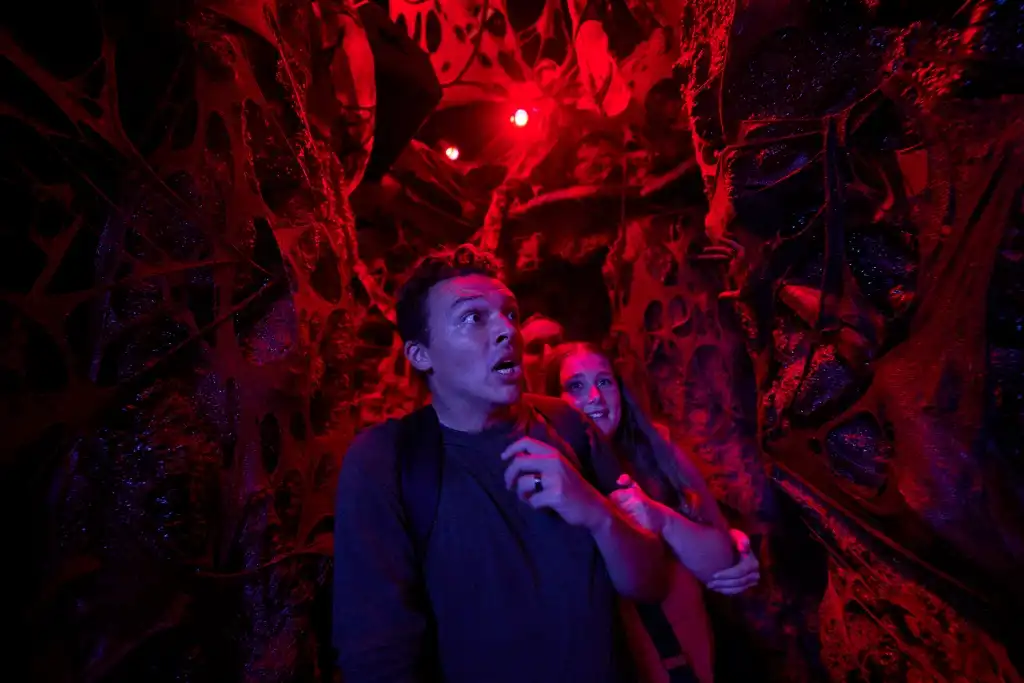 People exploring a dark, tunnel-like attraction with red lighting and web-like decorations on the walls.