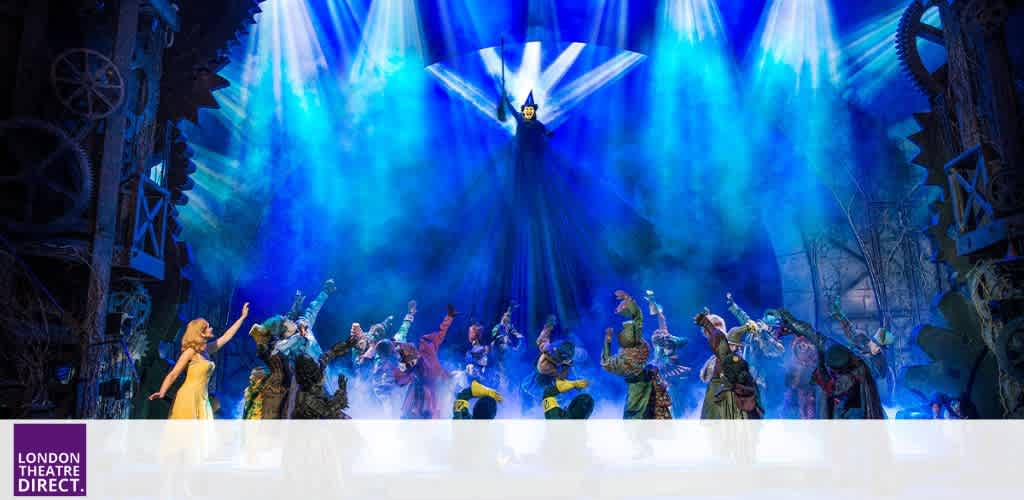 A colorful stage performance with actors in costumes, bright lights, and theatrical set design.