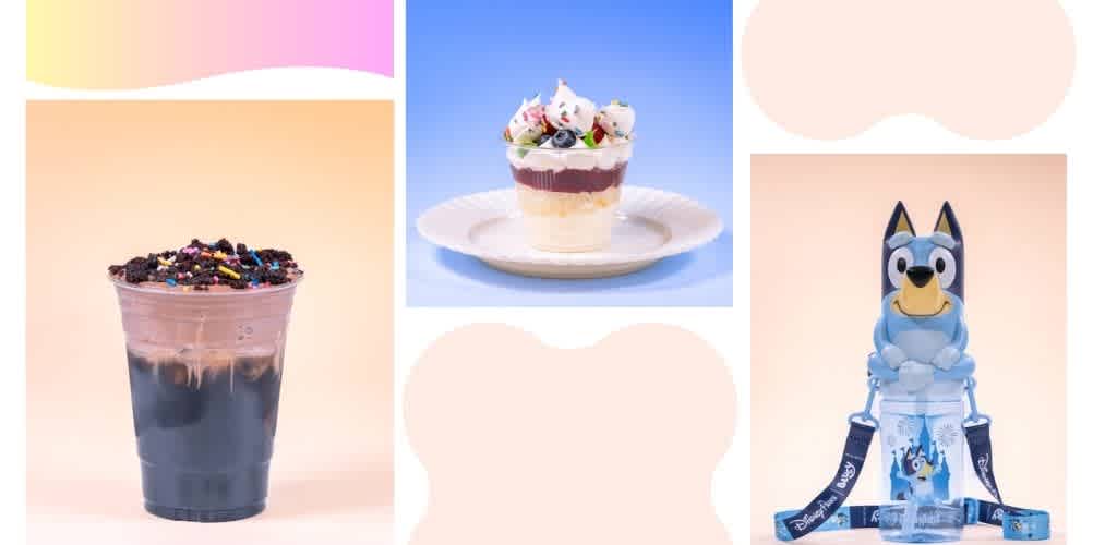 Image of three desserts: a chocolate ice cream with sprinkles, a layered parfait with fruit and whipped cream, and a blue dog-shaped plush toy with a lanyard.