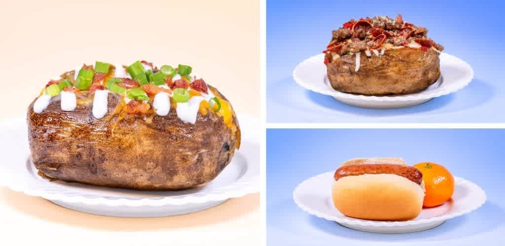 Three images of baked potatoes with various toppings and accompaniments on white plates against plain backgrounds