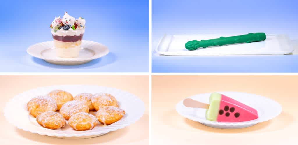 Four images of desserts and treats including a layered parfait, green candy on a stick, powdered donuts, and a watermelon-shaped popsicle on a white plate.