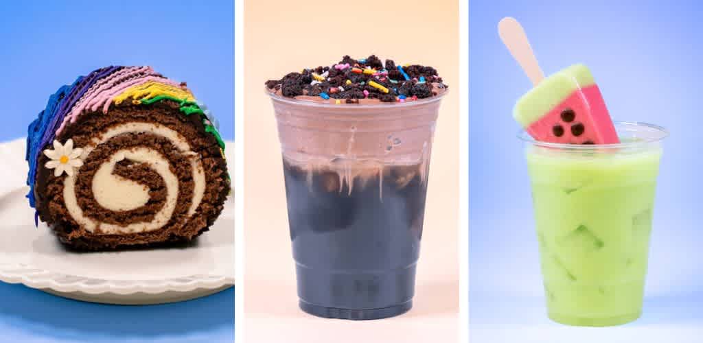 A photograph of three colorful desserts on a light background, including a rainbow cake roll, a chocolate ice cream sundae with sprinkles, and a green milkshake with a watermelon-shaped marshmallow.