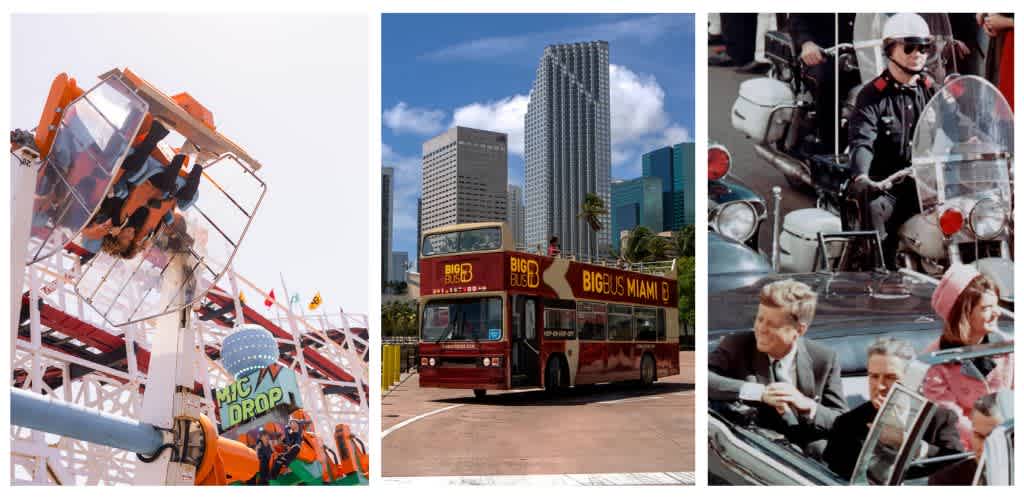 Three different Miami transportation attractions including a roller coaster ride, a double-decker bus, and a vintage car with people enjoying a city tour