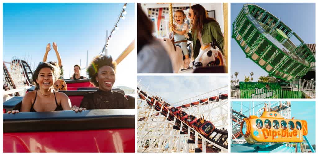 Happy people enjoying rides at an amusement park with roller coasters, a spinning ride, and a photo booth for families and friends.
