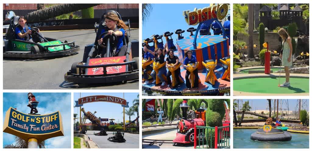 Children enjoying miniature golf, arcade rides, and a water ride at a family fun center outdoor park