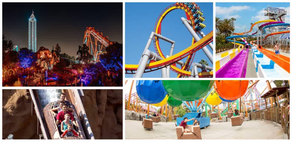 Colorful amusement park rides including roller coasters, water slides, and a splash pad with children enjoying the attractions.