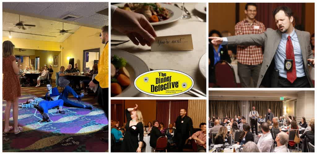 Group of people participating in a murder mystery dinner event with costumes and interactive activities.