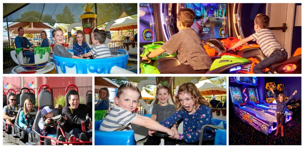 Children enjoying rides and arcade games at an indoor amusement center on a fun day out