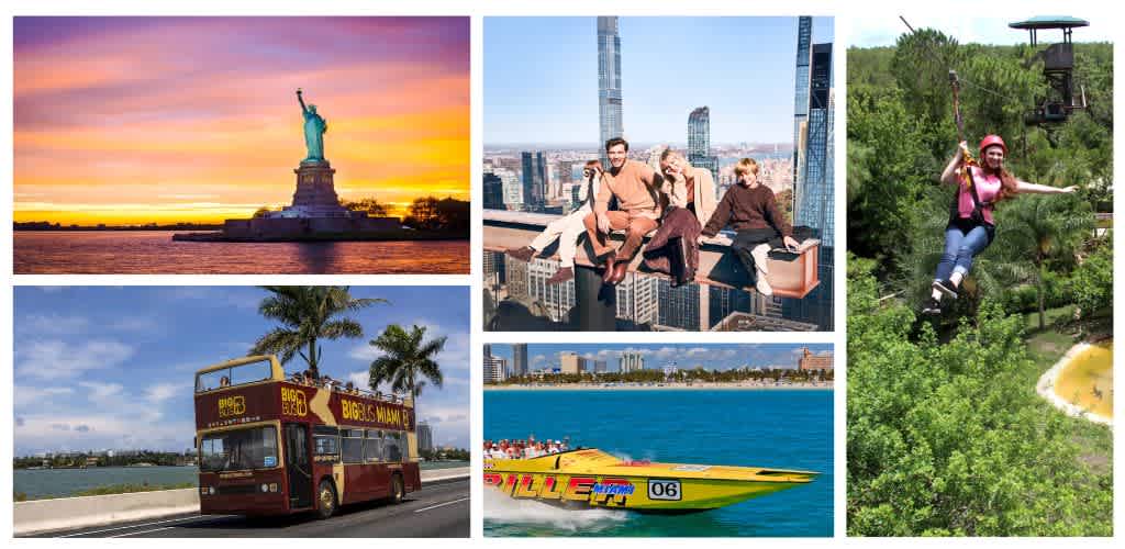 Group of people enjoying sightseeing, a person on a zip line, city skyline, Statue of Liberty, bus, and speedboat at the beach during daytime