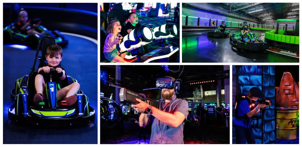 Children enjoying indoor amusement rides and virtual reality experiences at Funex arcade center.