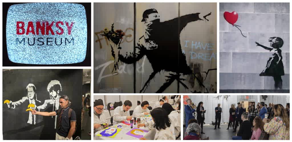 Images of street art and murals at the Banksy Museum, people creating art, and visitors viewing artwork during an event at the museum.