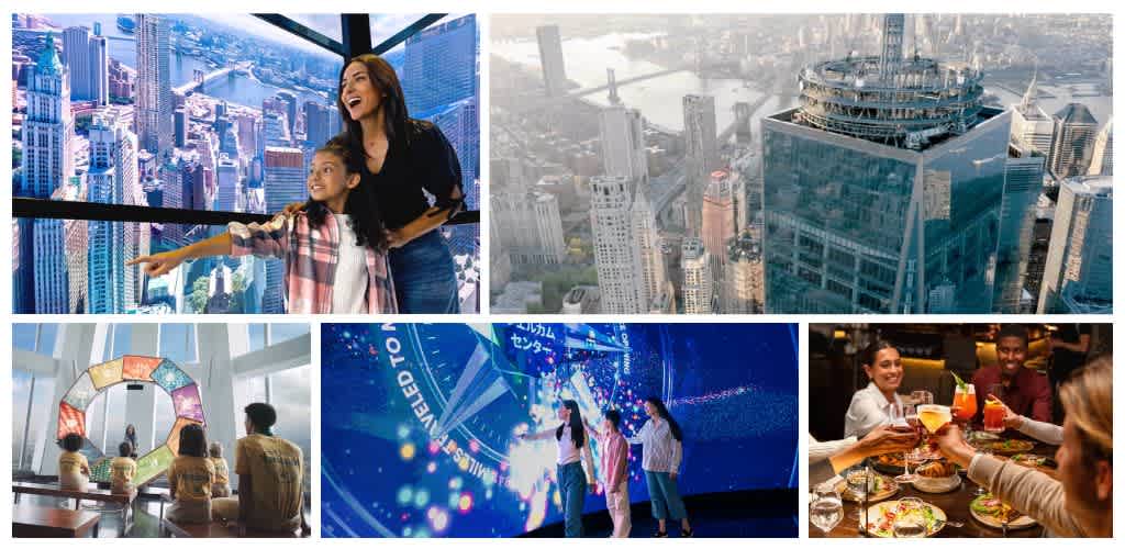 A collage of people enjoying city views, innovative exhibits, and social dining experiences in a vibrant urban setting