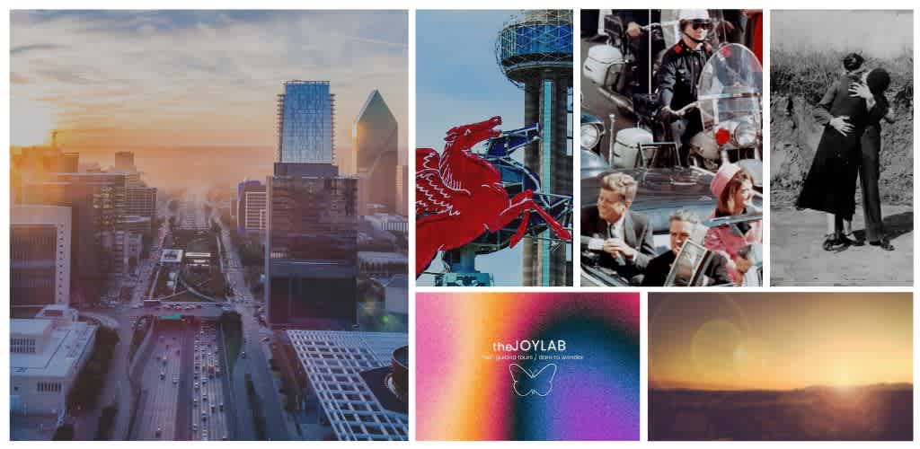Collection of cityscape, amusement park, vintage photo, and colorful abstract images representing fun and adventure experiences.