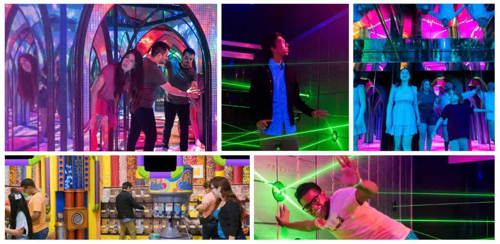 People enjoying colorful interactive laser and mirror maze attractions with bright lights and group activities