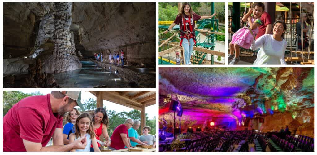 Group of people exploring a cave, children enjoying an activity, kids swinging on playground equipment, and an underground event space with colorful lighting