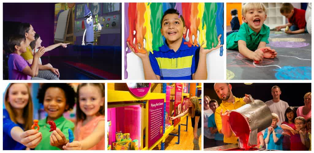 Children engaging in fun activities at a play center, including watching a show, painting, playing with toys, shopping, and a science demonstration.