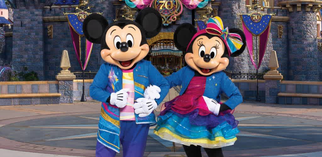 Costumed characters of Mickey Mouse and Minnie Mouse standing outside a castle themed attraction with colorful decorations and banners celebrating seventy years.