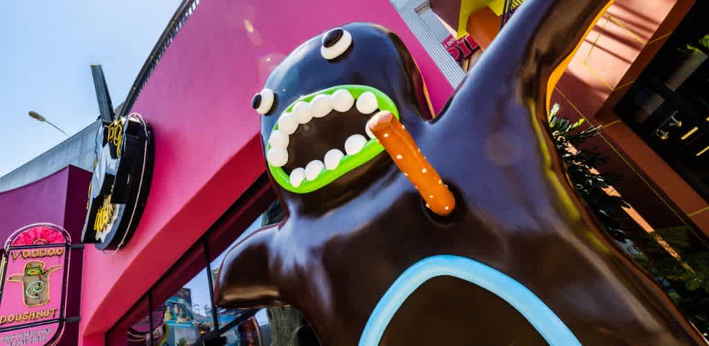 A large colorful cartoonish donut character with a mouth and eyes, placed outside a shop with pink and yellow decor and signage.